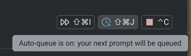 The auto-queue toggle active in the warping indicator, with a tooltip reading 'Auto-queue is on: your next prompt will be queued.'